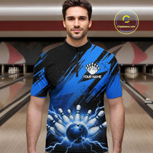 Load image into Gallery viewer, Mens Thunder Lightning Bowling Polo 1/4-Zip Shirts Custom Blue Stripes Team Bowling Jerseys NYN3455