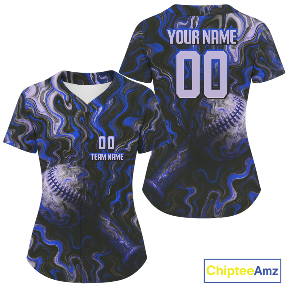 Custom Black And Blue Paint Swirl Women Baseball Jersey Outfits Baseball Tournament Shirts NYN0978