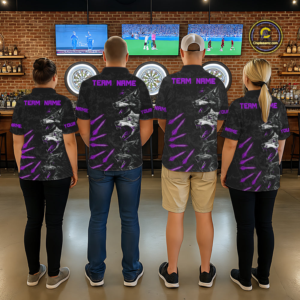 Custom Black And Purple Wolfs Grunge Dart Team Shirts For Women Outfits Dart Tournament Jerseys NYN4015