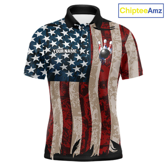 USA Flag Retro Patriot Bowling Team Shirt Custom Dripping Bowling Pins & Ball Mens Bowling Jersey NYN4019