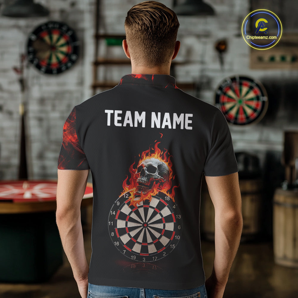 Custom Black & Red Flaming Skull Darts Polo Shirt For Men Skull Dart League Jerseys NYN2169