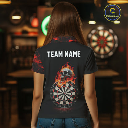 Custom Black & Red Flaming Skull Darts Polo Shirt For Women Skull Dart League Jerseys NYN2169