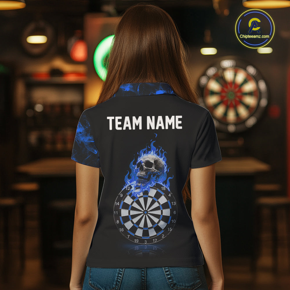 Custom Black & Blue Flaming Skull Darts Polo Shirt For Women Skull Dart League Jerseys NYN2171