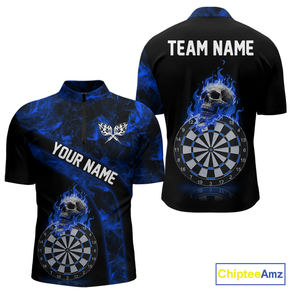 Custom Black & Blue Flaming Skull Darts Quarter-Zip Shirt For Men Skull Dart League Jerseys NYN2171