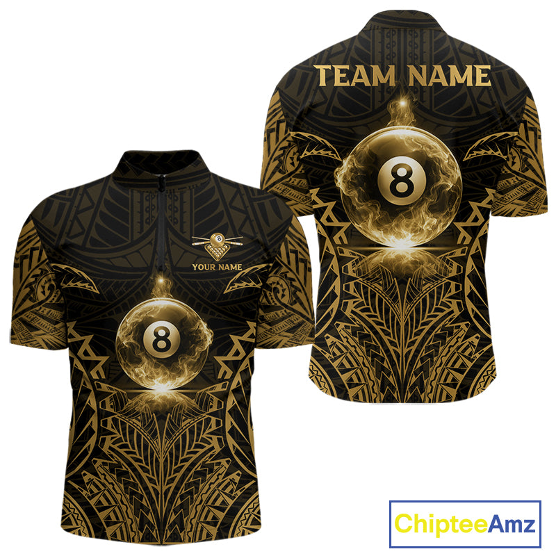 Gold Tribal Smoke 8 Ball Pool Men Polo & 1/4-Zip Shirt Personalized 3D Ball Billiard Gifts NYN2427
