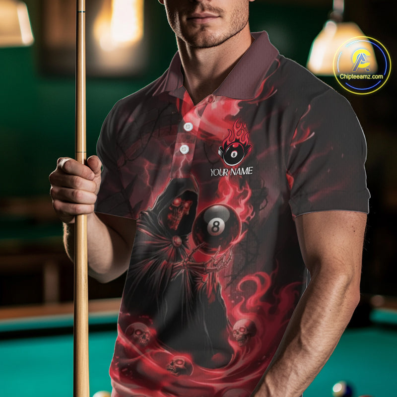 Grim Reaper Red Flames 8 Ball Pool Men Polo & 1/4-Zip Shirt Personalized Skull Billiard Gifts NYN2433