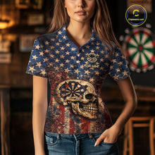 Load image into Gallery viewer, US Flag Retro Cracked Skull Dartboard Women Darts Polo Shirt Custom Patriotic Vintage Dart Shirt NYN2660