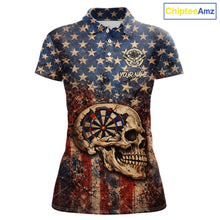 Load image into Gallery viewer, US Flag Retro Cracked Skull Dartboard Women Darts Polo Shirt Custom Patriotic Vintage Dart Shirt NYN2660