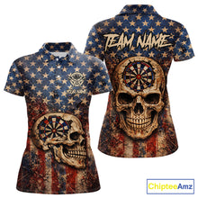 Load image into Gallery viewer, US Flag Retro Cracked Skull Dartboard Women Darts Polo Shirt Custom Patriotic Vintage Dart Shirt NYN2660