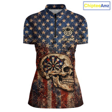 Load image into Gallery viewer, US Flag Retro Cracked Skull Dartboard Women Darts Quarter-Zip Shirt Custom Patriotic Vintage Dart Shirt NYN2660