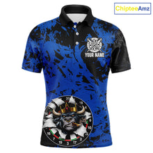 Load image into Gallery viewer, Personalized Black &amp; Grunge Crown Blue Funny Bull Cracked Darts Shirts For Men Dart Team Jerseys NYN2817