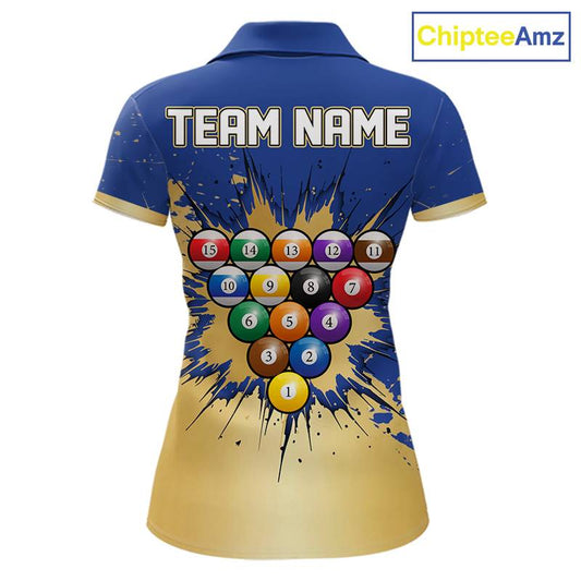 Gold Blue Splatter Billiard Custom Women Billiard Polo & 1/4-Zip Shirts Pool Billiard Team Jerseys NYN3013
