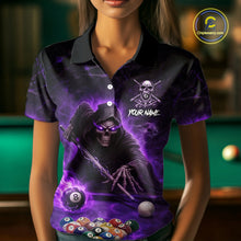 Load image into Gallery viewer, Grim Reaper Plays Billiard Pool Women Billiard Shirts Custom Flame Skull 8 Ball Billiard Team Attire NYN3017
