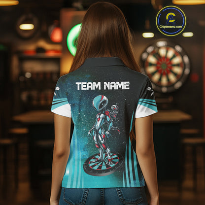 Turquoise Pattern Alien And Dartboards Custom Dart Shirts For Women, Dart Jerseys NYN0239