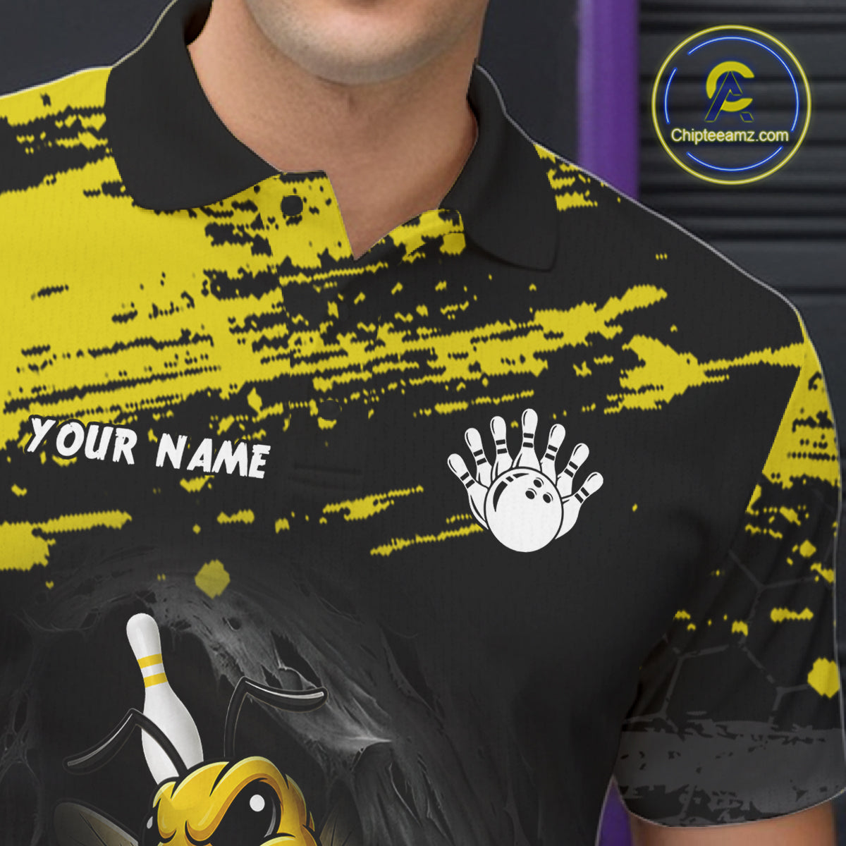 Custom Angry Bee Bowling Shirt Funny Bowling Team League Yellow Grunge Bowling Jersey For Men  NYN3193