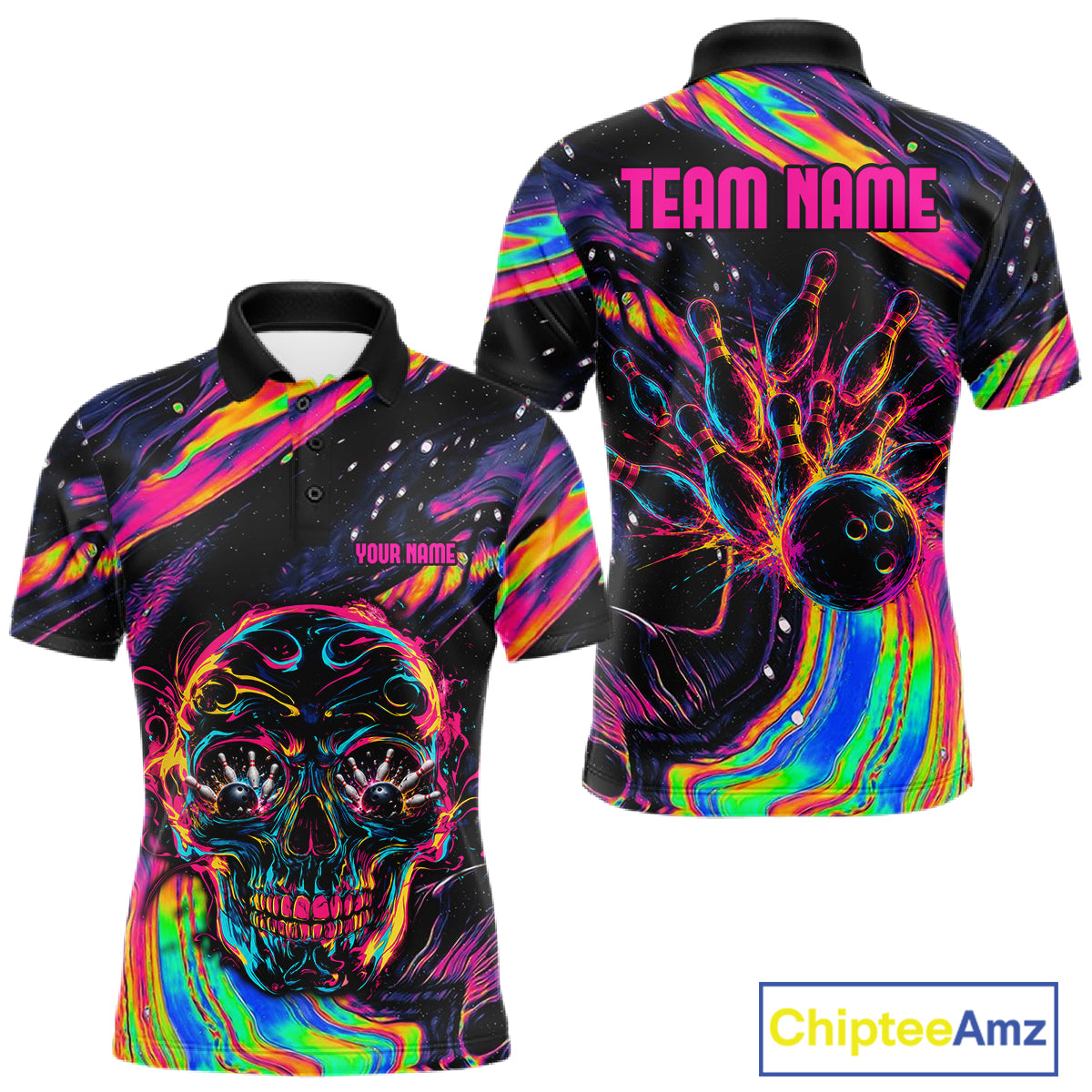 Custom Skull Holographic Bowling Shirt Bowling Team League Colorful Splatter Bowling Shirt For Men  NYN3194
