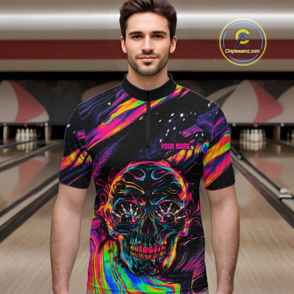 Custom Skull Holographic Bowling Shirt Bowling Team League Colorful Splatter Bowling Shirt For Men  NYN3194