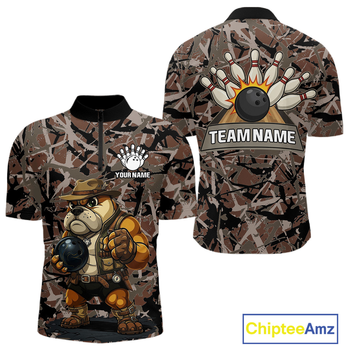 Hunting Bulldog Bowling Shirts For Men Custom Camo Bowling Team Jerseys Funny Bowling Attire NYN3196