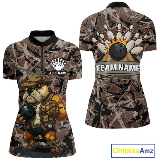 Hunting Bulldog Bowling Shirts For Women Custom Camo Bowling Team Jerseys Funny Bowling Attire NYN3196