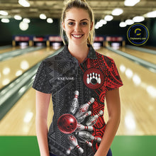 Load image into Gallery viewer, Red And Black Polynesian Tribal Bowling Ball &amp; Pins Shirt For Women Custom Bowling Team Shirts Outfit NYN3201