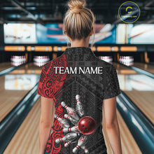 Load image into Gallery viewer, Red And Black Polynesian Tribal Bowling Ball &amp; Pins Shirt For Women Custom Bowling Team Shirts Outfit NYN3201