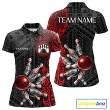 Load image into Gallery viewer, Red And Black Polynesian Tribal Bowling Ball &amp; Pins Shirt For Women Custom Bowling Team Shirts Outfit NYN3201