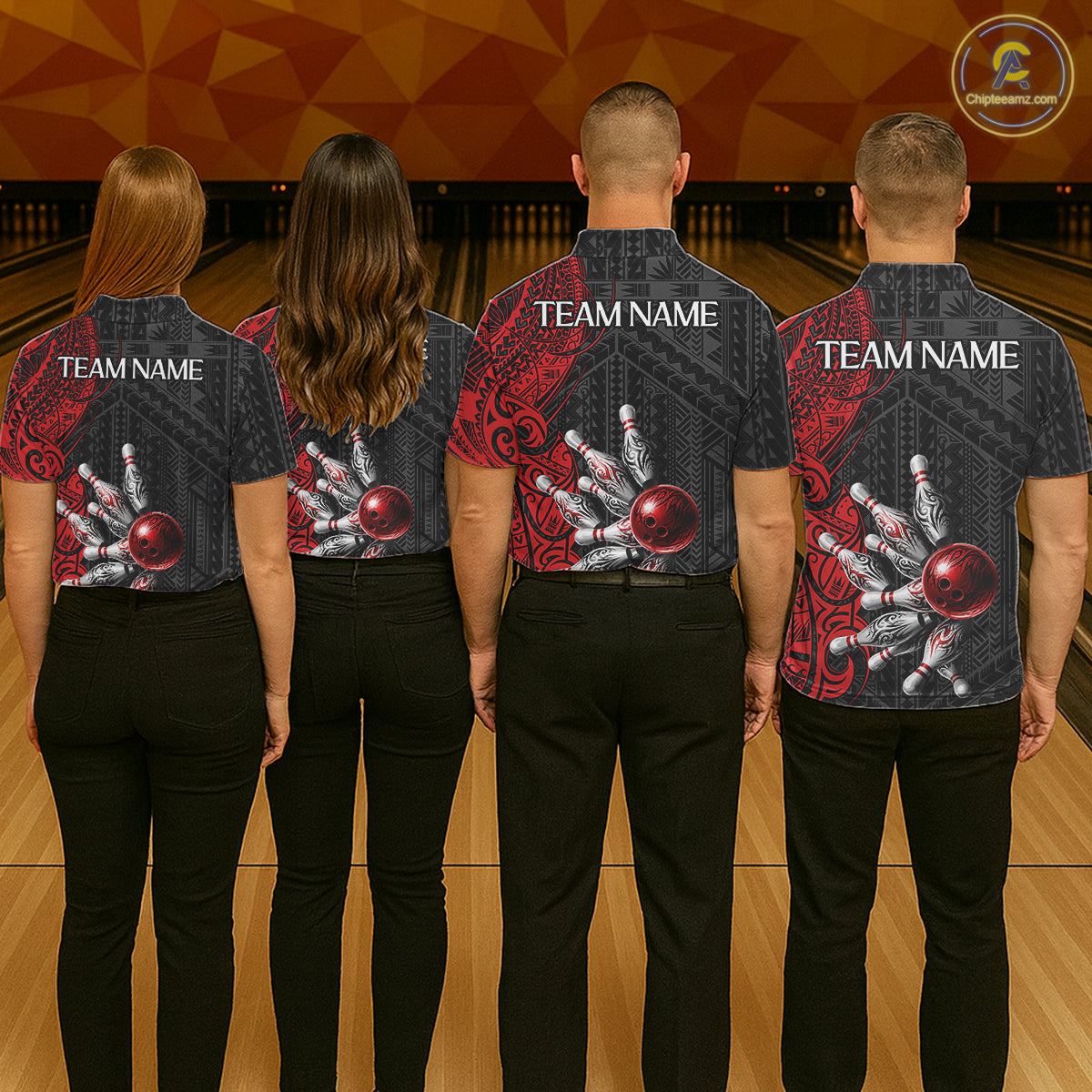 Red And Black Polynesian Tribal Bowling Ball & Pins Shirt For Women Custom Bowling Team Shirts Outfit NYN3201