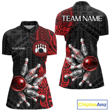 Load image into Gallery viewer, Red And Black Polynesian Tribal Bowling Ball &amp; Pins Shirt For Women Custom Bowling Team Shirts Outfit NYN3201