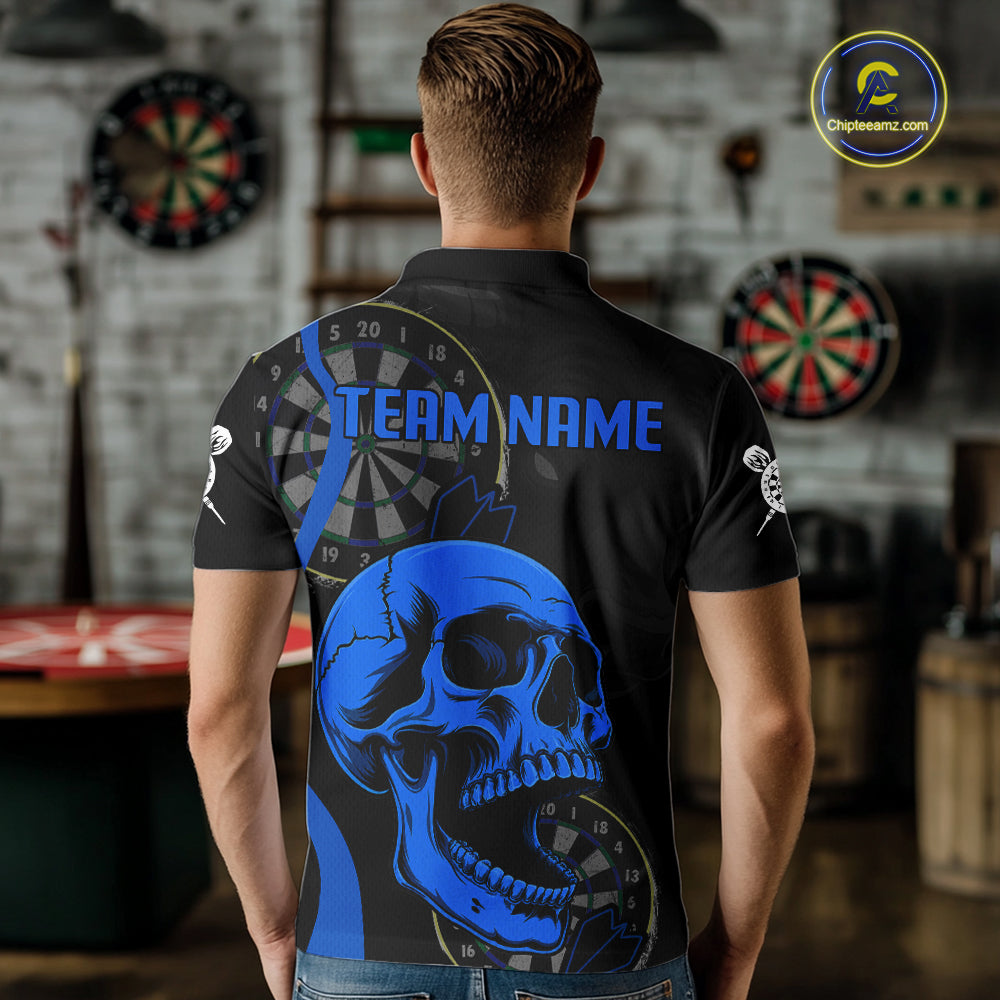 Male model wearing Black Blue Skull Darts Polo, Personalized Tournament Jersey
