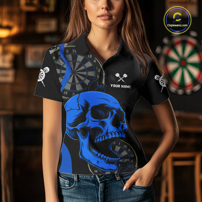 Female model wearing Skull Darts Polo, Personalized League Shirt, Professional Tournament Apparel