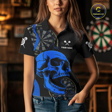 Load image into Gallery viewer, Female model wearing Skull Darts Polo, Personalized League Shirt, Professional Tournament Apparel