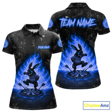 Load image into Gallery viewer, Crazy Rabbit Fire Flame Women's Darts Polo Shirt Mockup, Blue Custom Dartboard Tournament Jersey, Personalized Team Apparel