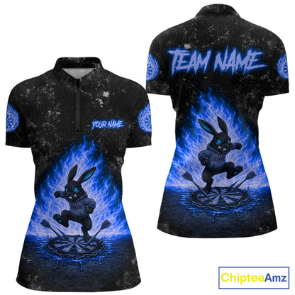 Crazy Rabbit Fire Flame Women's Quarter-Zip Darts Shirt Mockup, Blue Tournament Jersey, Personalized Dart Team Apparel