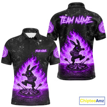 Load image into Gallery viewer, Crazy Rabbit Fire Flame Men's Darts Polo Shirt Mockup, Purple Dart League Jersey, Personalized Tournament Shirt
