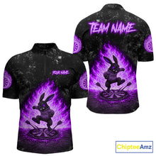 Load image into Gallery viewer, Crazy Rabbit Fire Flame Men's Quarter-Zip Darts Jersey Mockup, Purple Professional League Shirt