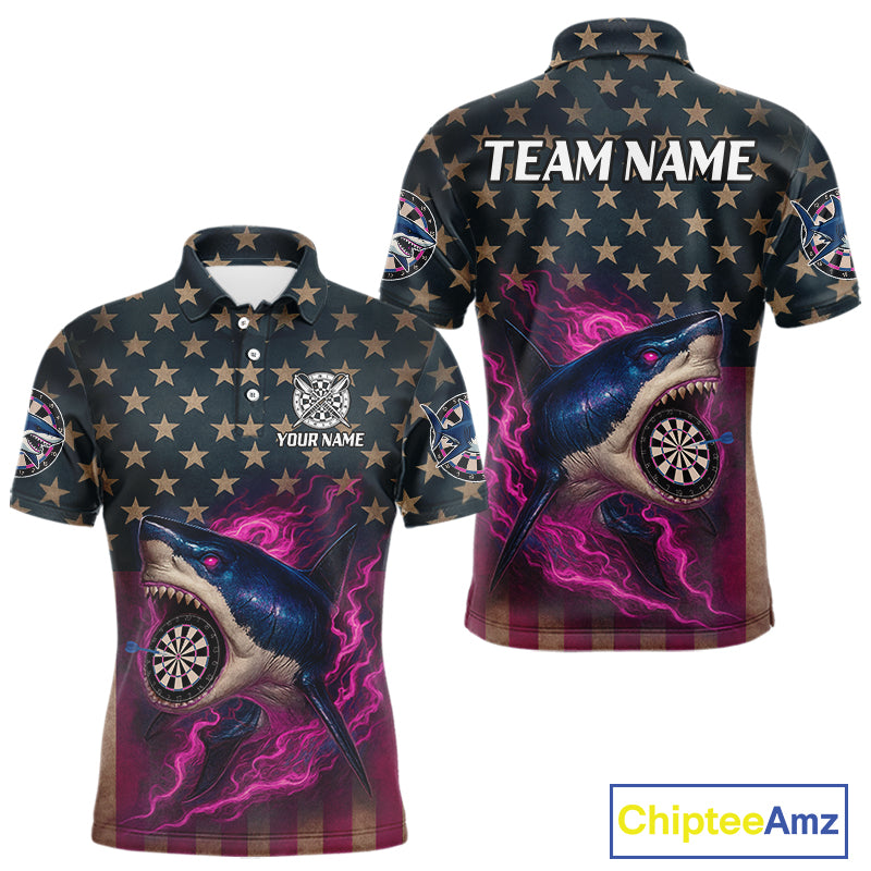 Custom Pink Flames Shark Patriotic Dart Polo Shirt For Men Outfit US Flag Dart Jersey NYN1361