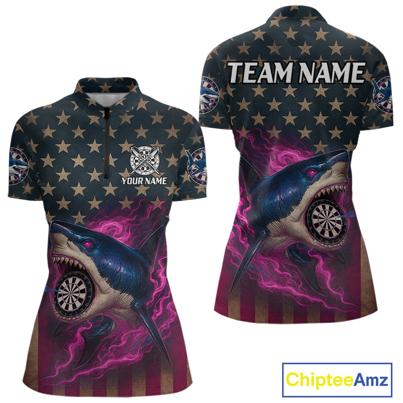 Custom Pink Flames Shark Patriotic Dart 1/4-Zip Shirt For Women Outfit US Flag Dart Jersey NYN1361