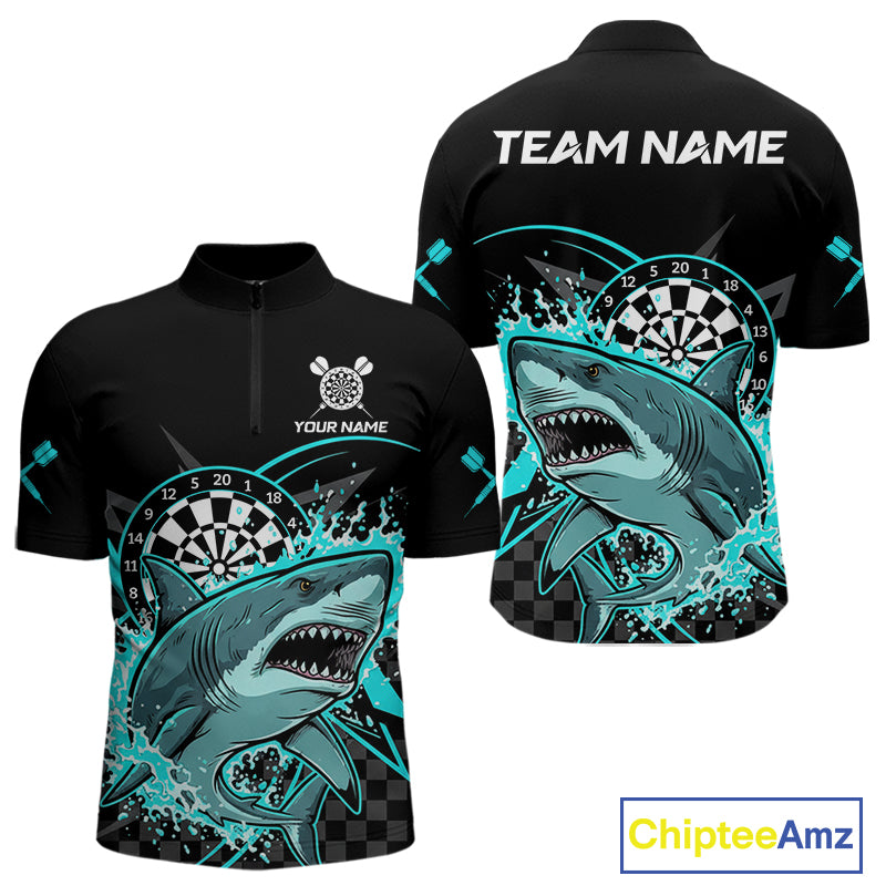 Black And Turquoise Funny Shark Dartboard Custom Men Darts Quarter-Zip Shirt Dart Jerseys NYN1906