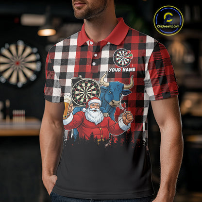 Custom Funny Santa & Bull Beer Dartboard Christmas Men Darts Polo Shirt Xmas Dart Jerseys NYN1913
