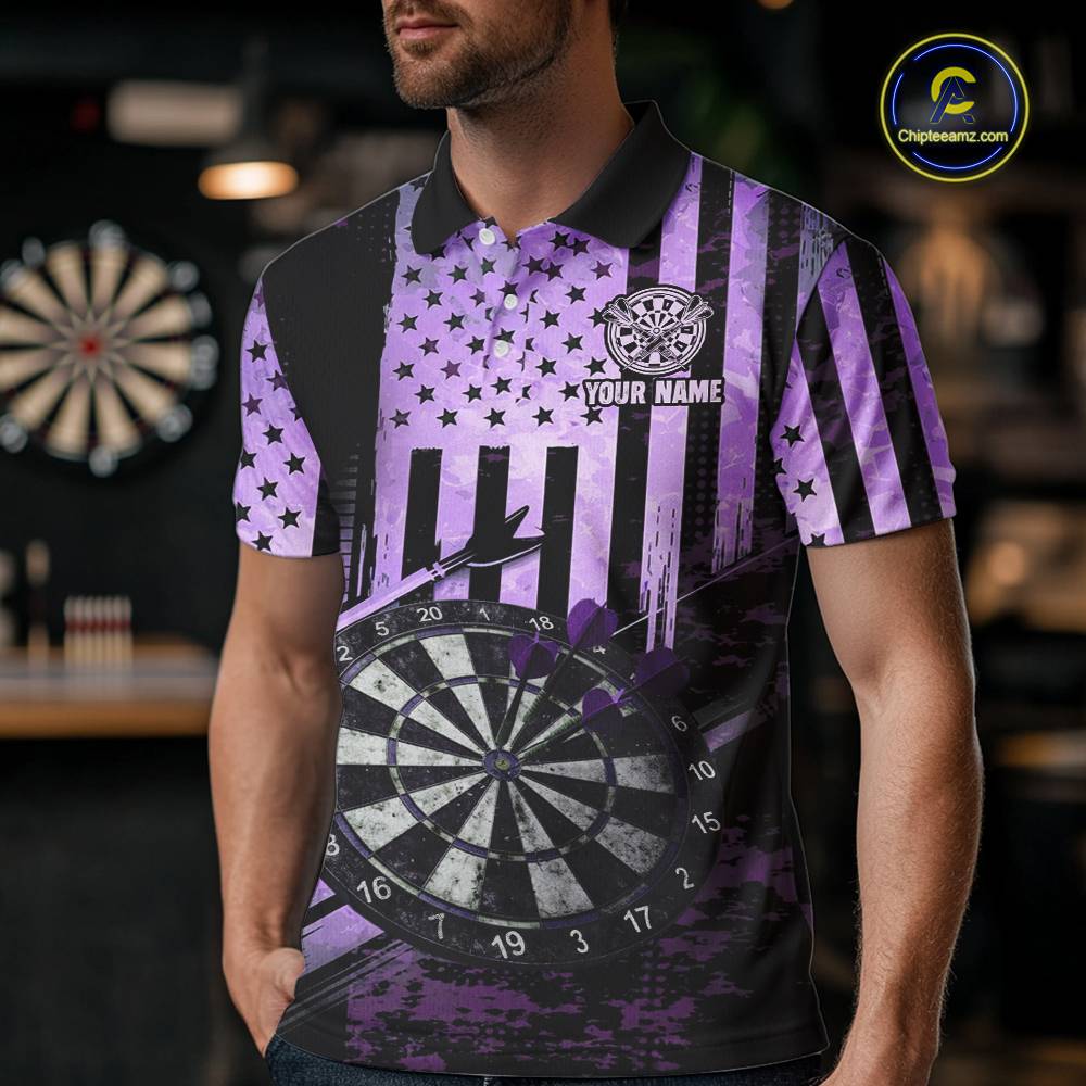 Purple US Flag Grunge Dartboard & Arrow Men Darts Polo Shirts Custom Dart Team Jerseys NYN2444