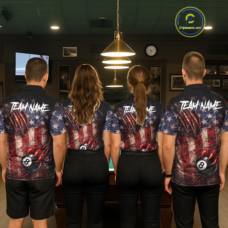 Personalized Cracked US Flag Grunge Claws Pool 8 Ball Women's Billiard Team Shirt Billiard Attire NYN2672