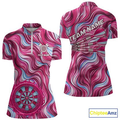 Custom Pink Blue Paint Dartboard & Arrow Polo & Quarter-Zip Shirt For Women Outfits Dart Jerseys NYN2825