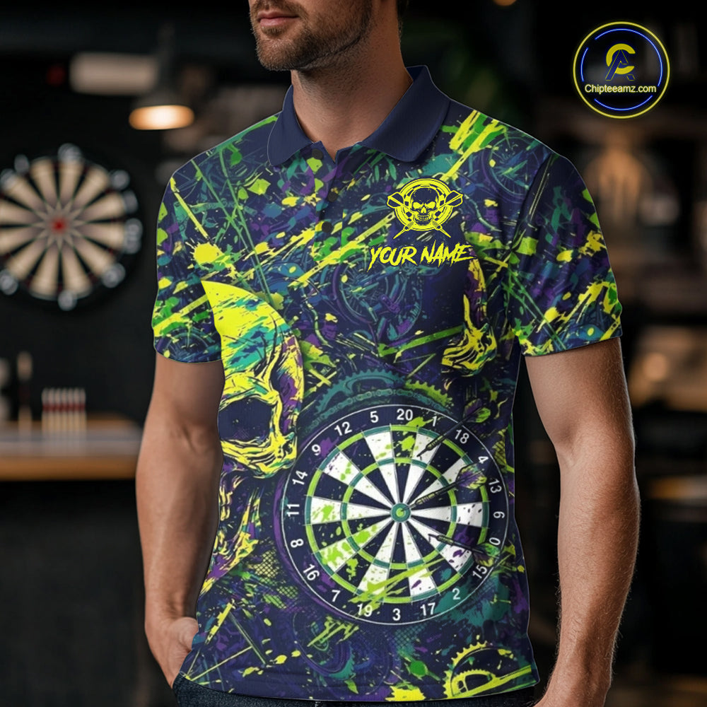 Grunge Blue Green Strike Horror Skull Mens Darts Shirt Personalized Splatter Dart Team Jerseys NYN3202