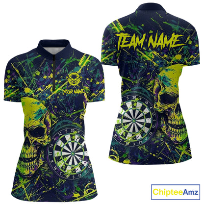 Grunge Blue Green Strike Horror Skull Womens Darts Shirt Personalized Splatter Dart Team Jerseys NYN3202