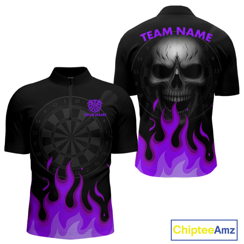 Custom Purple Flames Skull Dartboard 1/4-Zip Darts Shirt For Men Outfit Dart Team Jersey NYN0994