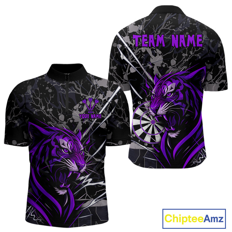 Men's 1/4-Zip Dart Shirt Purple Fierce Tiger Dartboard Personalized Darts Jerseys Outfits NYN1015