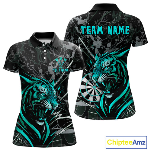 Women's Dart Polo Team Shirt Fierce Tiger Dartboard - Personalized Darts Team | Turquoise NYN1017