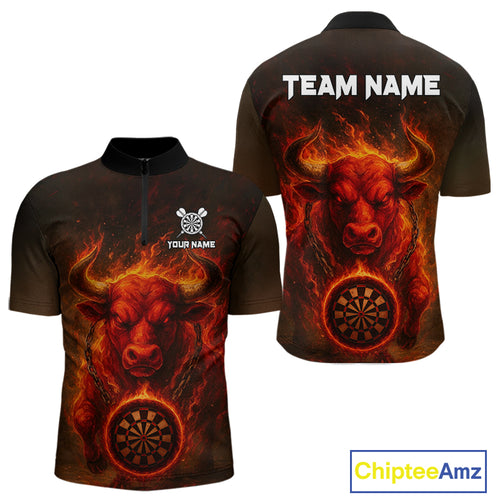 Custom Funny Bull Grunge Red Flames Dartboard Dart Men 1/4-Zip Shirt Outfits Dart Jerseys NYN1635