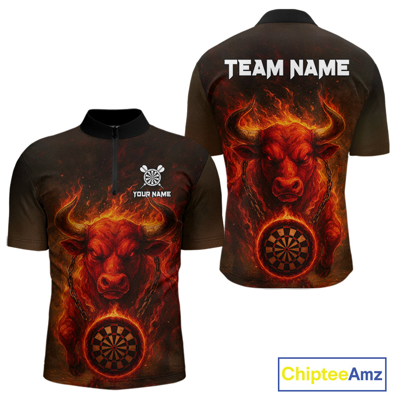 Custom Funny Bull Grunge Red Flames Dartboard Dart Men 1/4-Zip Shirt Outfits Dart Jerseys NYN1635