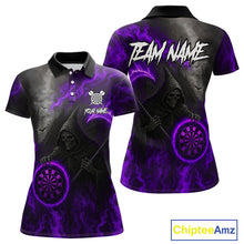 Load image into Gallery viewer, Custom Purple Flaming Dartboard Grim Reaper Dart Women Polo Shirt Dart Team Jerseys NYN1639